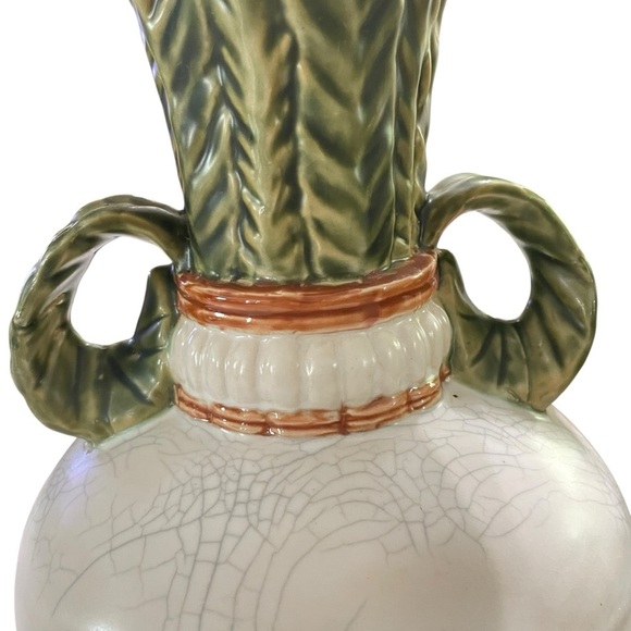 VTG Turnip Shape Ceramic Vases Raku Majolica Leaf Handles - Picture 6 of 12